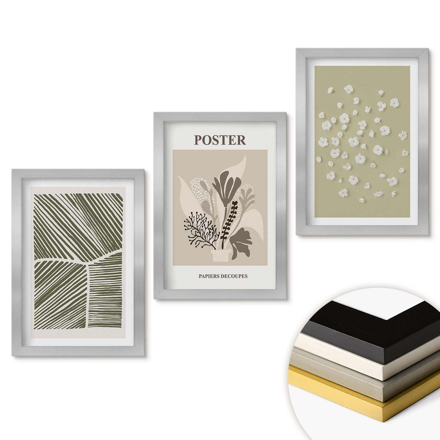 WANDBILDER 3er Set - 20x30 cm Silberner Rahmen - Gedämpfte Pflanzenmotive - Silberfarben, Kunststoff (20/30cm) - ArtPrintCave