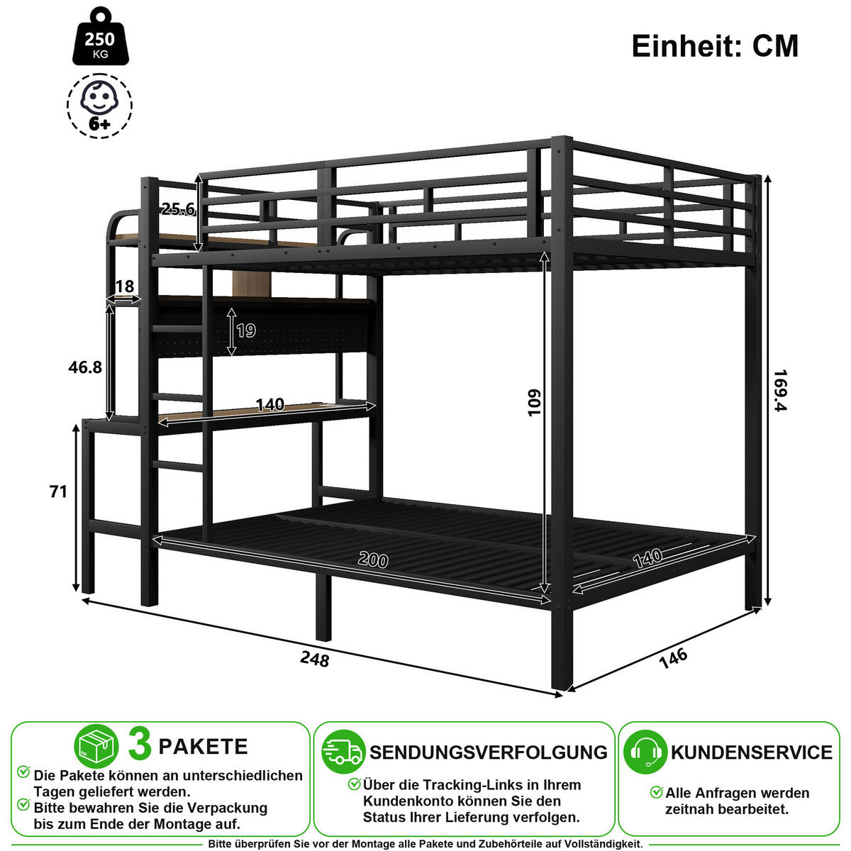 PATROVÁ POSTEL 140/200 cm v černé barvě se stolem, LED osvětlením a USB - černá, kov/kompozitní dřevo (140/200cm) - CHICFURN