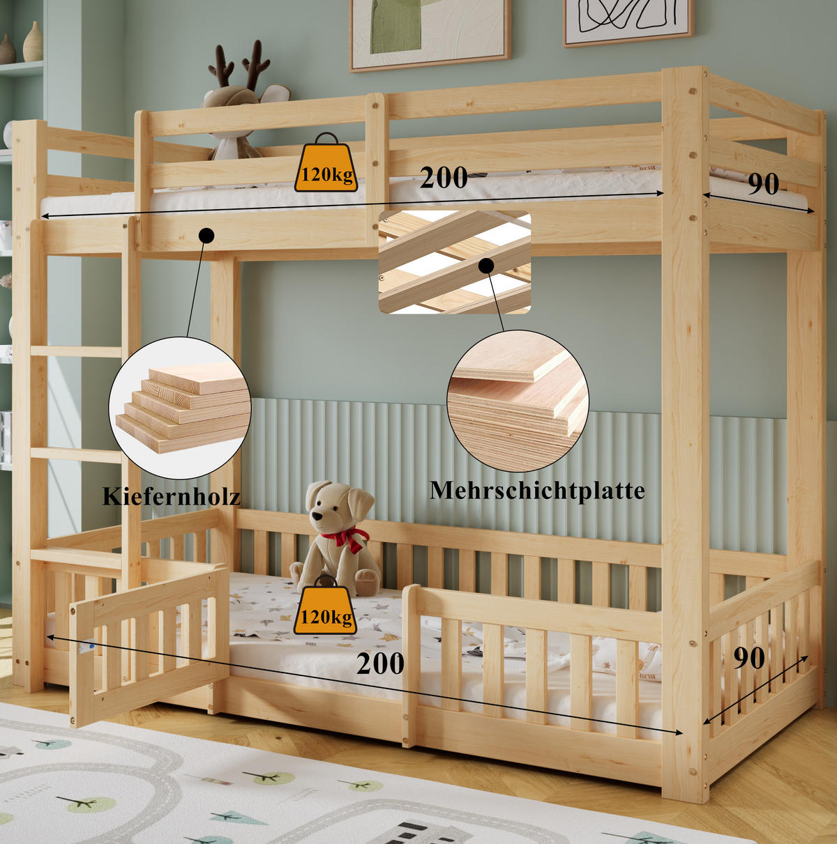 ETAGENBETT 90/200 cm natur aus Kiefer mit rechtwinkliger Treppe - Naturfarben, Holz (90/200cm) - OKWISH