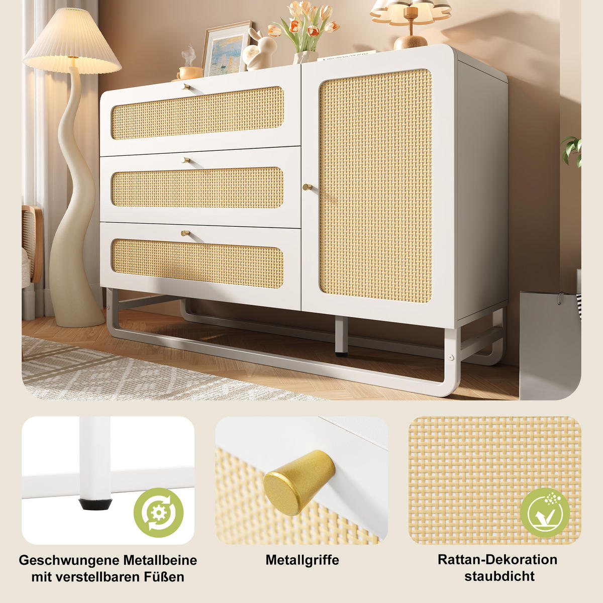 KOMMODE 120 cm in Weiß & Rattan-Optik Sideboard mit 3 Schubladen - Weiß, Holzwerkstoff/Metall (120/85/40cm) - Urban Meuble