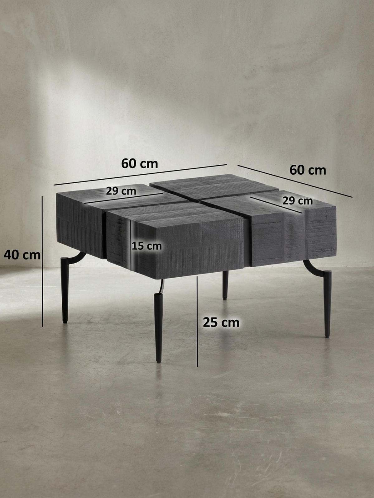 COUCHTISCH Massivholz Quadratisch Metallgestell Würfel-Form Modern, Schwarz 60x60x40 cm - Schwarz, Holz/Metall (60/60/40cm) - KADIMA DESIGN