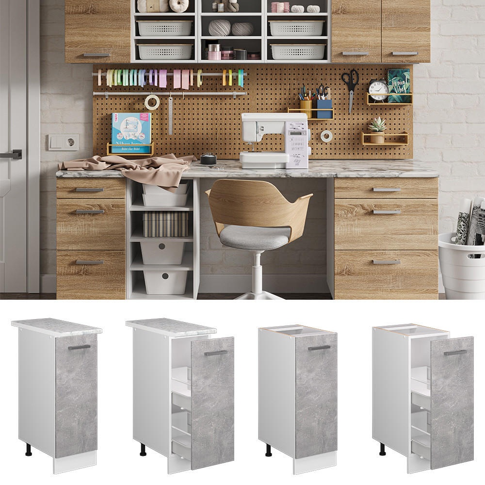 UNTERSCHRANK R-Line Beton 30 cm mit Tür, mit Arbeitsplatte - Weiß/Grau, Holzwerkstoff (30/81.6/60cm) - Vicco