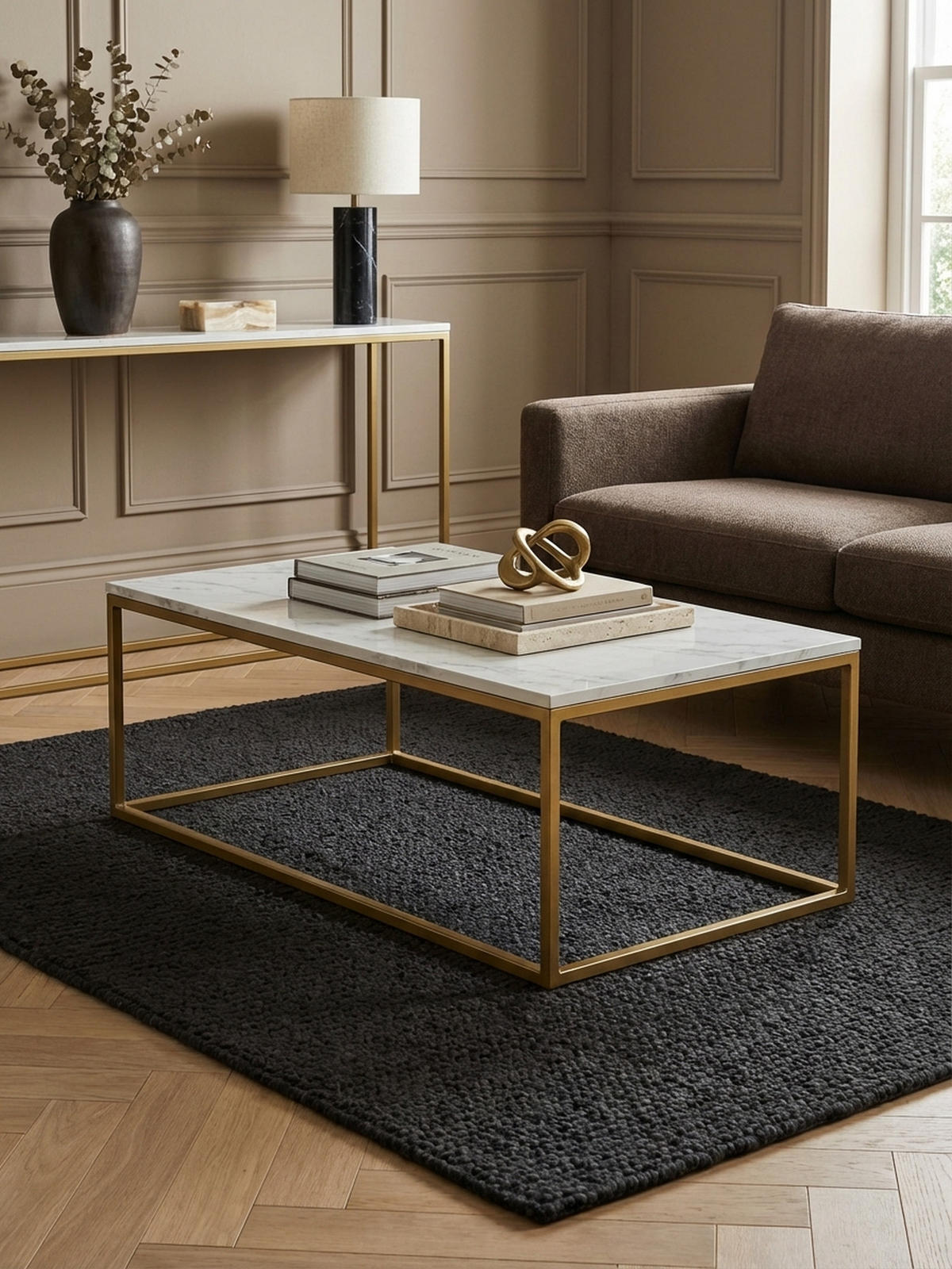 COUCHTISCH mit Marmor-Optik, Metallbeine, rechteckig, Serie MARBRIX, Weiß 100x60x40 cm - Goldfarben/Weiß, Holz/Metall (60/100/40cm) - KADIMA DESIGN