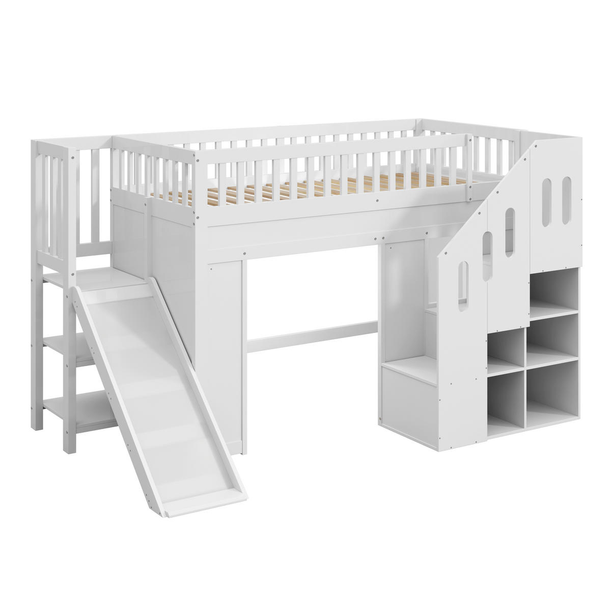 HOCHBETT 90/200 cm in Weiß Kinderbett mit Rutsche, Stauraumtreppe und LED - Weiß, Holzwerkstoff (90/200cm) - STILVORA