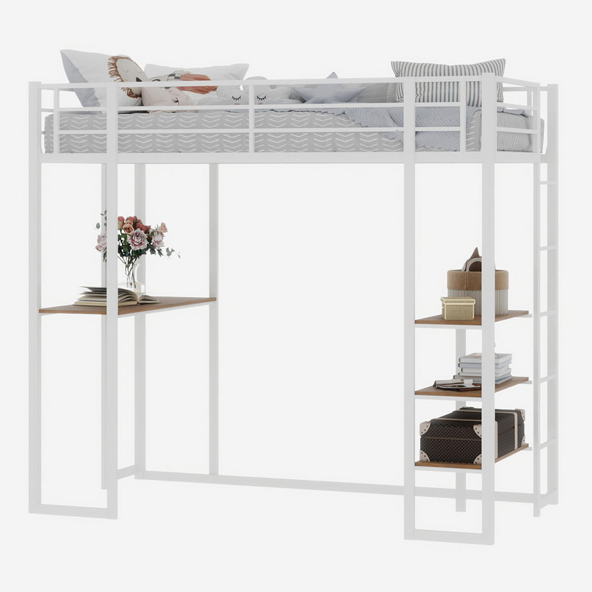HOCHBETT 90/200 cm mit Schreibtisch, beidseitiger Leiter und stabilem Metallrahmen, Weiß - Weiß, Metall (90/200cm) - Redom