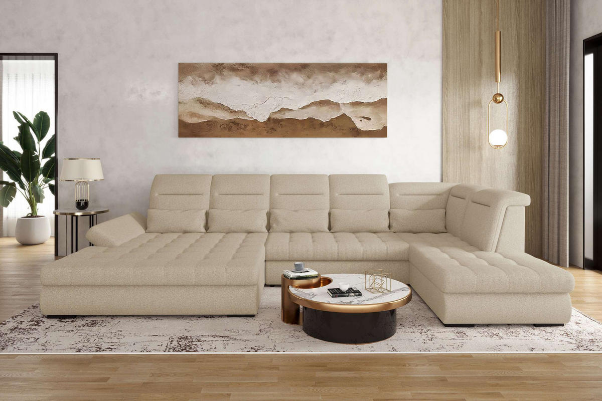WOHNLANDSCHAFT Toscana Velours inkl. Schlaffunktion - Creme, Textil (208/87/358cm) - 99rooms
