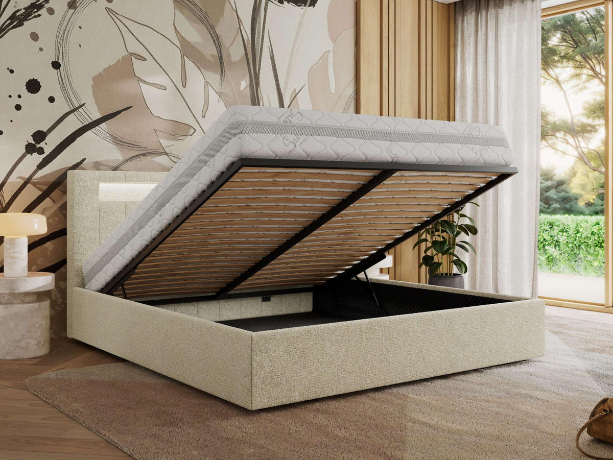 POLSTERBETT GOLD 5 CLASSIC 200/200 - Creme Strukture - Pocket-Matratze - Creme, Textil (200/200cm) - MKS