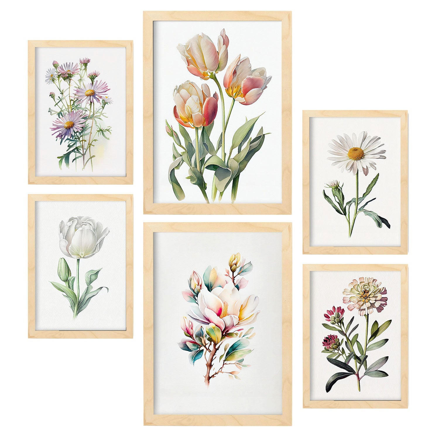 POSTER Set Mit 6 Pastellblumen Vollfarbige Natur Und Botanikdrucke Mit Blumenmotiven Auf Reinweißen Hintergründen A3 & A4 Rahmen Aus Hellem Holz - Beige, Papier (29/3cm) - Nacnic