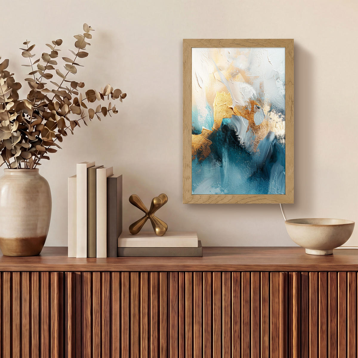 NÁSTĚNNÁ LAMPA Abstraktní - umění - zlatá - modrá 20x30 cm - tyrkysová, kompozitní dřevo (20/30/8cm) - OnlyWow