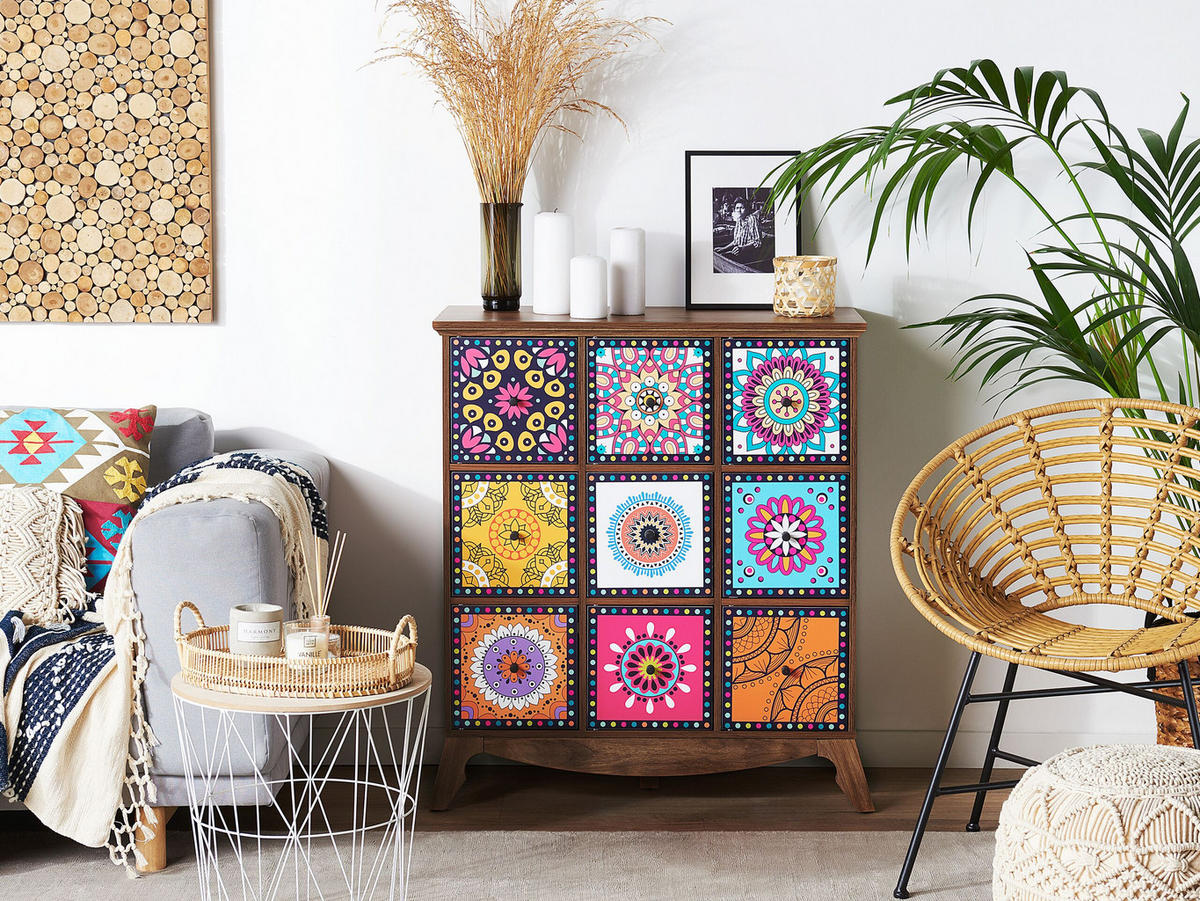 KOMMODE Dunkler Holzfarbton Kuma - Blau/Pink, Holzwerkstoff (79/92/40cm) - Beliani
