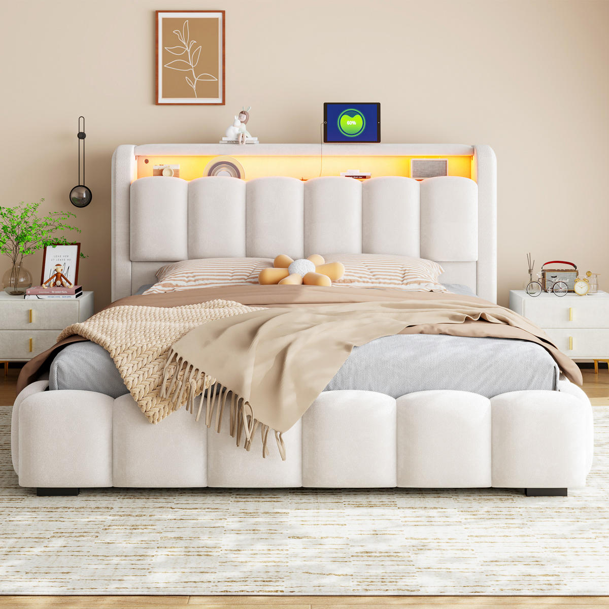 POLSTERBETT 180/200 mit LED/USB, Kopfteil Stauraum, Samt, Beige - Beige, Holz (180/200cm) - LVHOM