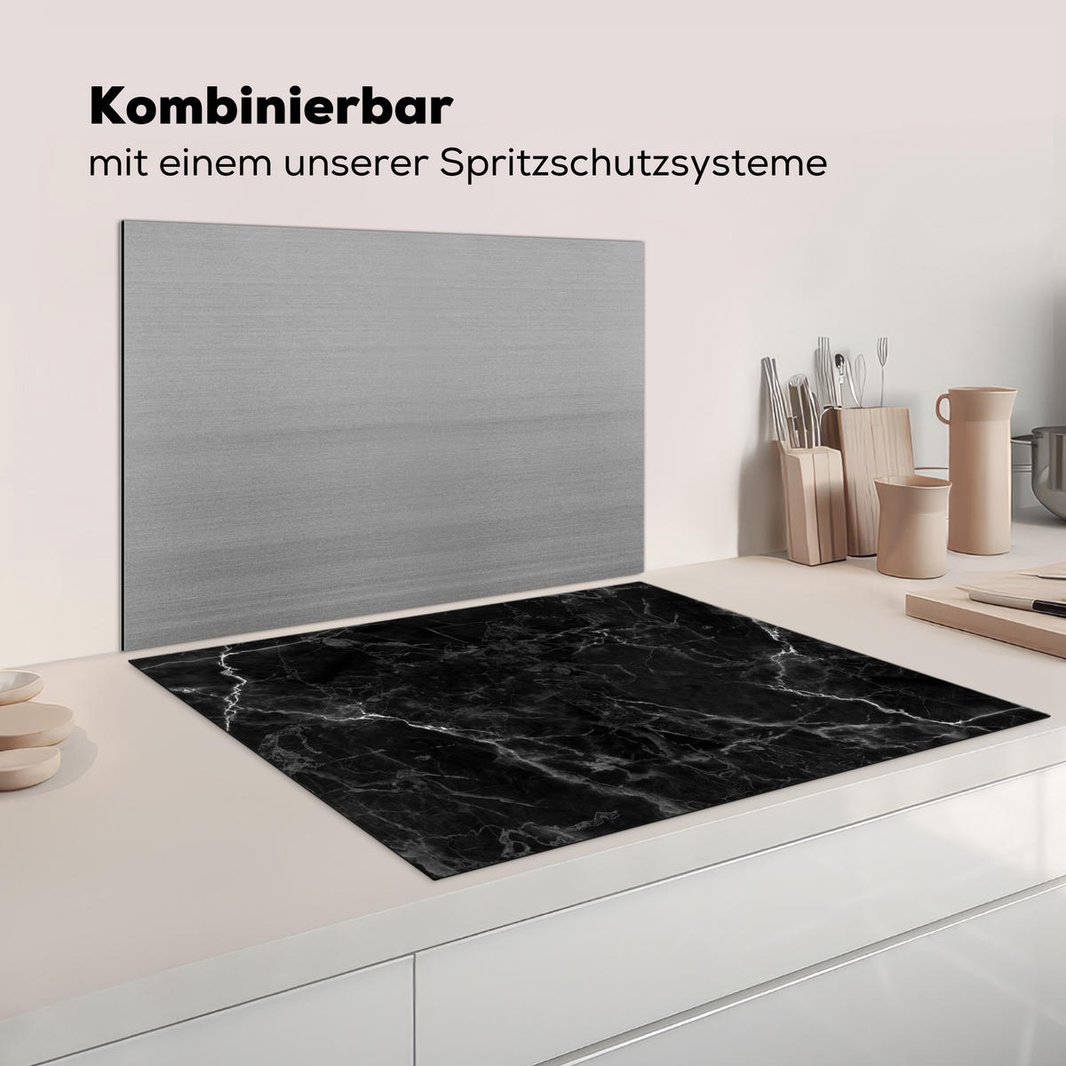 HERDABDECKPLATTE Marmor - Schwarz - Weiß - Textur - Marmoroptik Induktionsmatte 77x59 cm - Silberfarben, Kunststoff (77/59/0.2cm) - MuchoWow