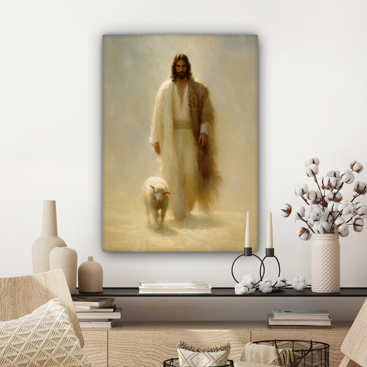 LEINWANDBILD Schaf - Jesus - Pinselstriche - Abstrakt Wandbild Wohnzimmer 60x80 cm - Sandfarben, Textil (60/80cm) - MuchoWow