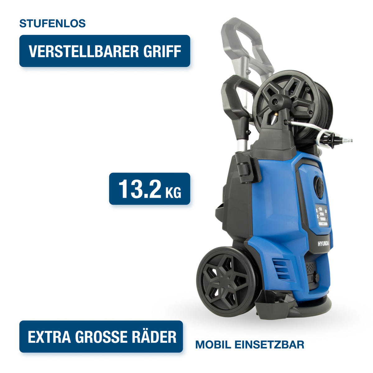 ELEKTRO-HOCHDRUCKREINIGER HPW2400CRE (2400W, 195bar, 450 l/h, Schlauchtrommel, Blau) - Blau, Kunststoff (33/91/36cm) - HYUNDAI