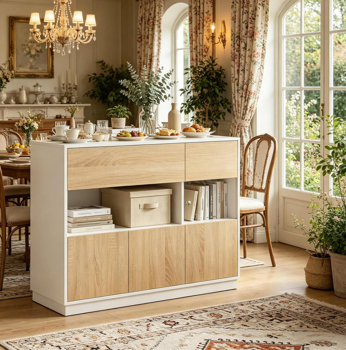 SIDEBOARD 100/40/80 cm Weiß + Eiche aus Holzwerkstoff mit offenem Fach - Weiß, Holzwerkstoff (40/80/100cm) - OKWISH
