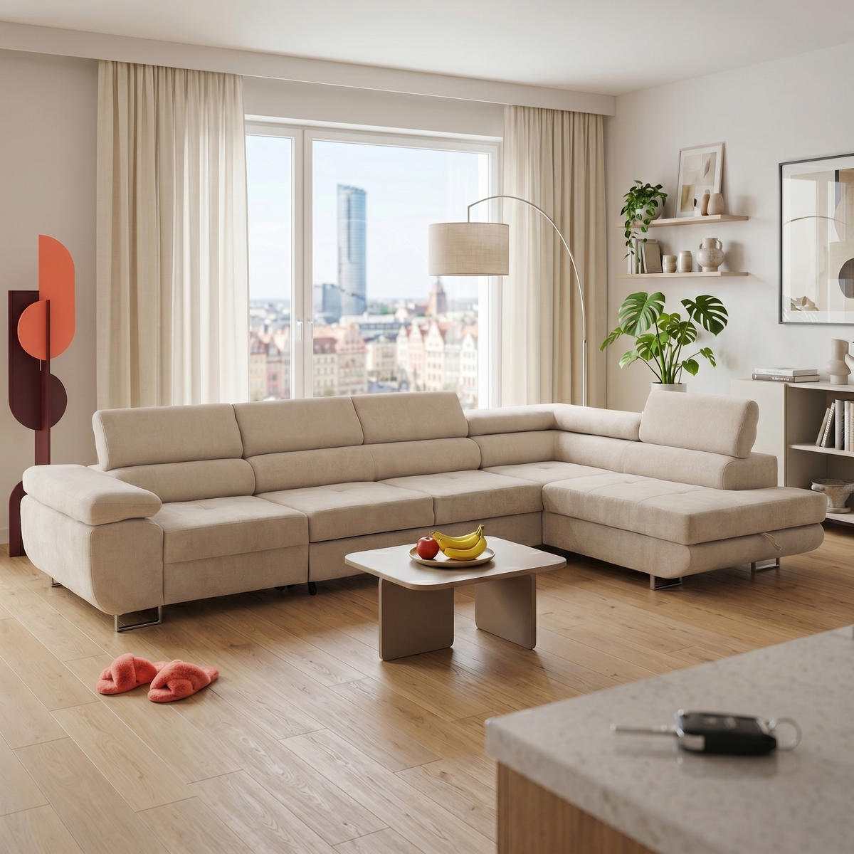 ECKSOFA WILD MAXI L Rechts mit Schlaffunktion 125x195 Chenille Beige - Chromfarben/Beige, Holz/Textil (350/203cm) - Muffo