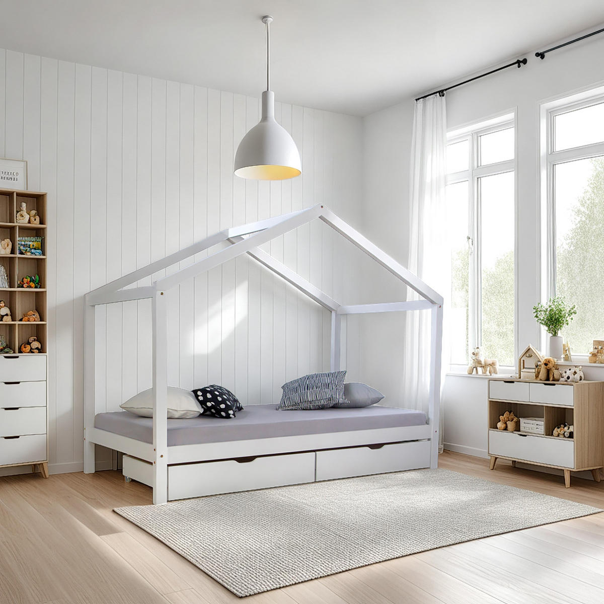 HAUSBETT mit Stauraum 90/200 cm Weiß - Weiß, Holz (208/160/96cm) - Homestyle4u