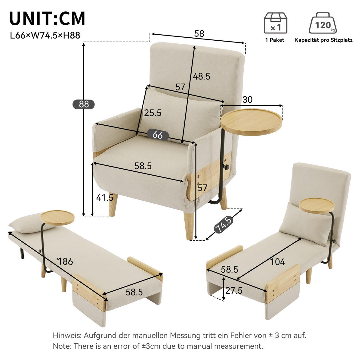 SESSEL 88/74,5/66 cm in Beige mit Schlaffunktion und Holztablett - Beige, Textil (88/74.5/66cm) - Flora Grace