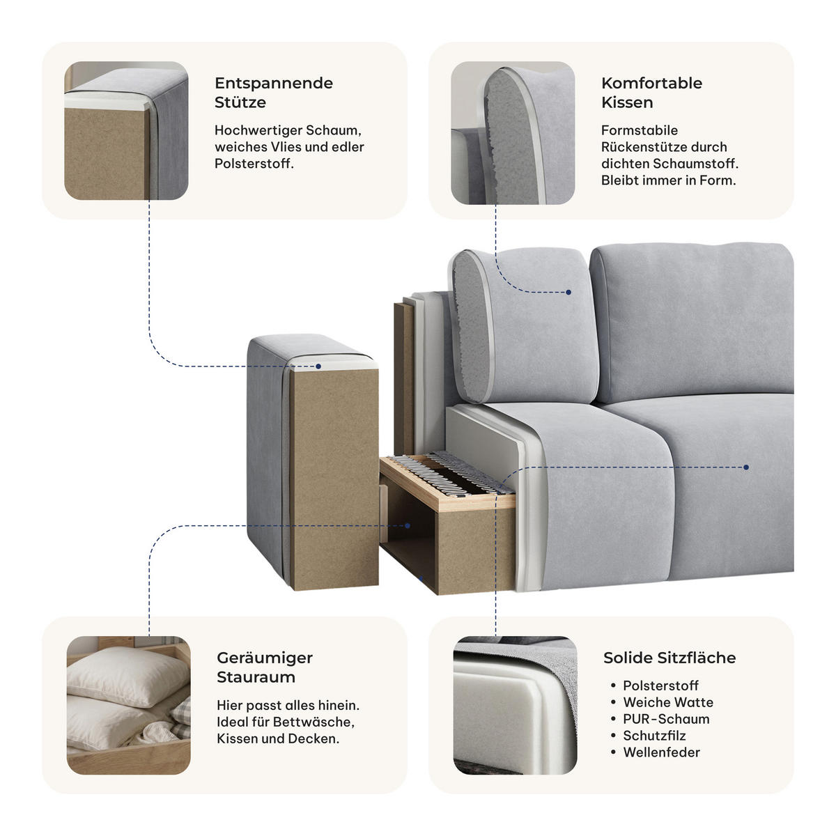 ECKSOFA FRIGA Creme Strukturstoff mit Schlaffunktion - Creme, Holz (283/185cm) - MASSENO