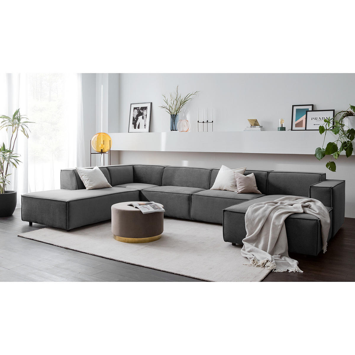 WOHNLANDSCHAFT mit Longchair & Ottomane - Schwarz/Grau, Kunststoff/Textil (369/70/234cm) - home24