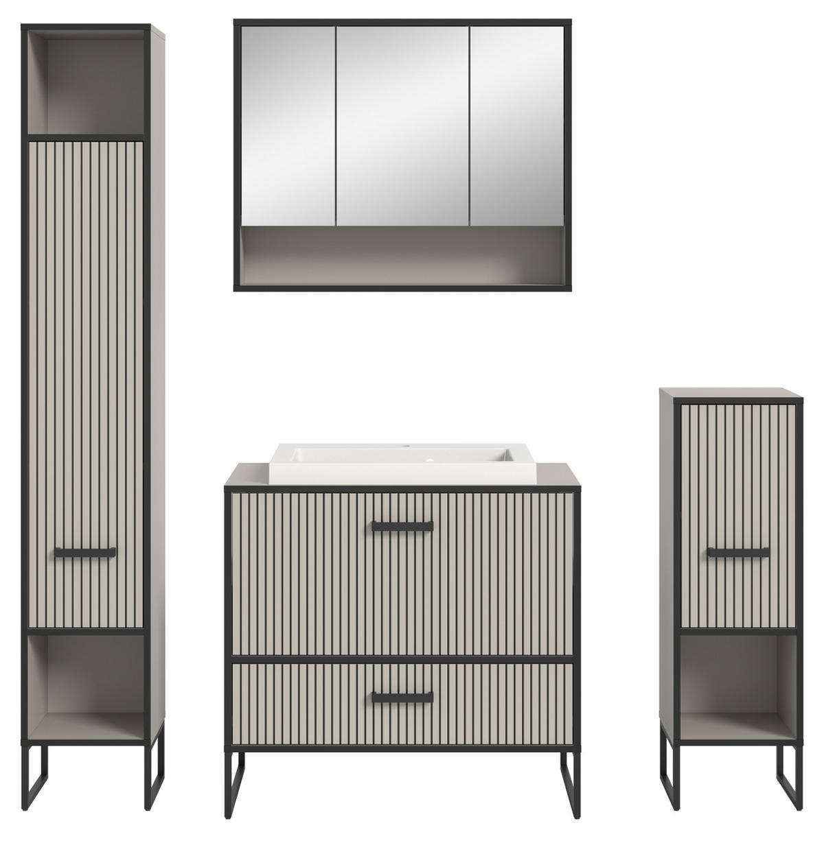 BADMÖBEL-SET schwarz, sand mit Waschbecken 170 cm, Kombination mit Soft-Close - Sandfarben/Schwarz, Glas/Keramik (170/192/48cm) - Inn.Furn