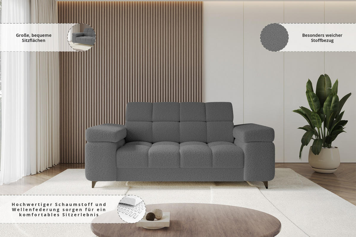 SOFA 2-Sitzer LORD-S1 194x97x90 cm Grau Bouclé - Grau, Holzwerkstoff/Textil (194/90/97cm) - ALTDECOR