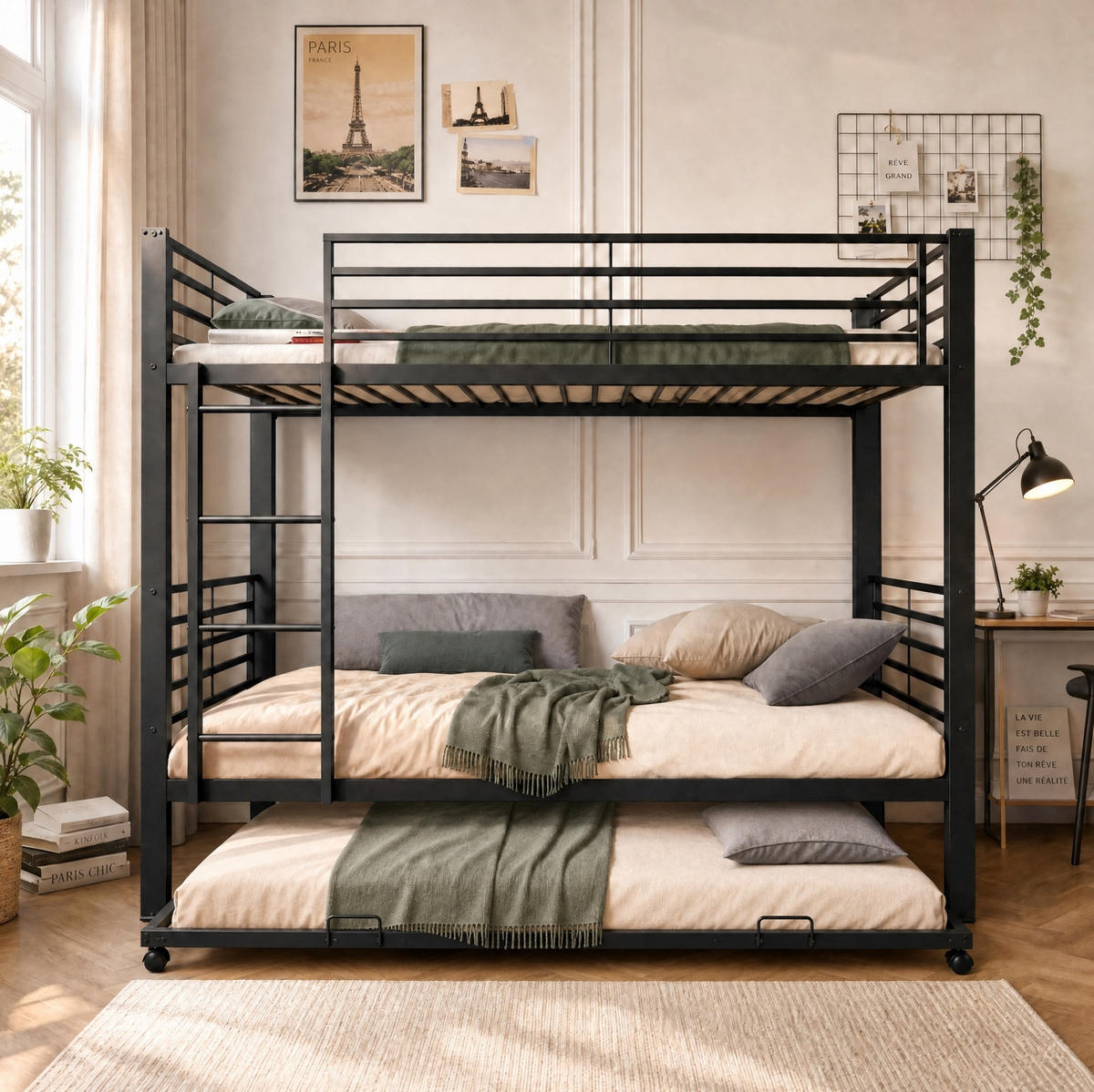 ETAGENBETT 90/200 cm in Schwarz aus Metall mit Bett für 3 Schlafplätze - Schwarz, Metall (90/200cm) - Flora Grace