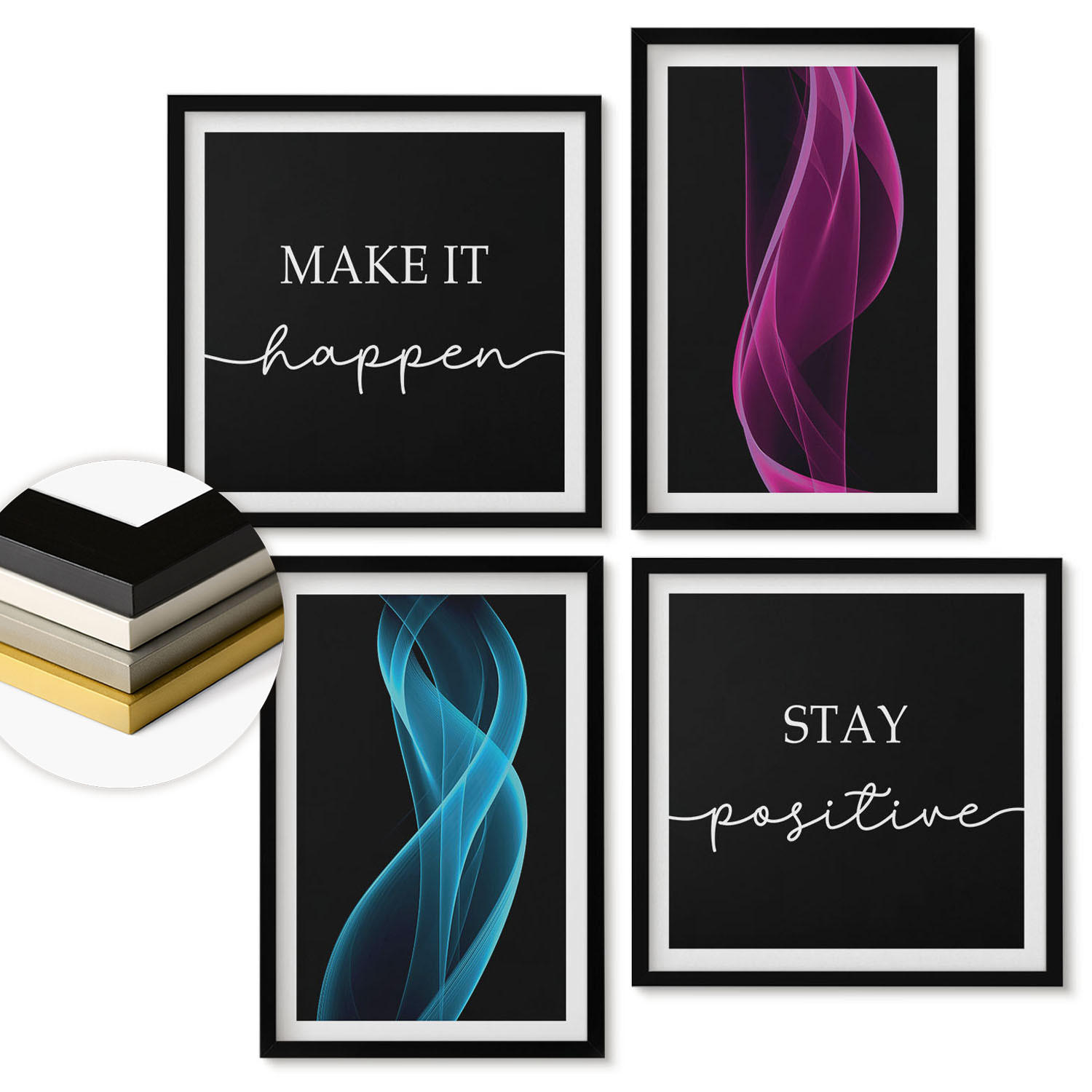 WANDBILDER 4er-Set - 50x50 cm & 40x60 cm Schwarzer Rahmen - Neonlinienwellen im Hintergrund - Schwarz, Kunststoff (50/50cm) - ArtPrintCave