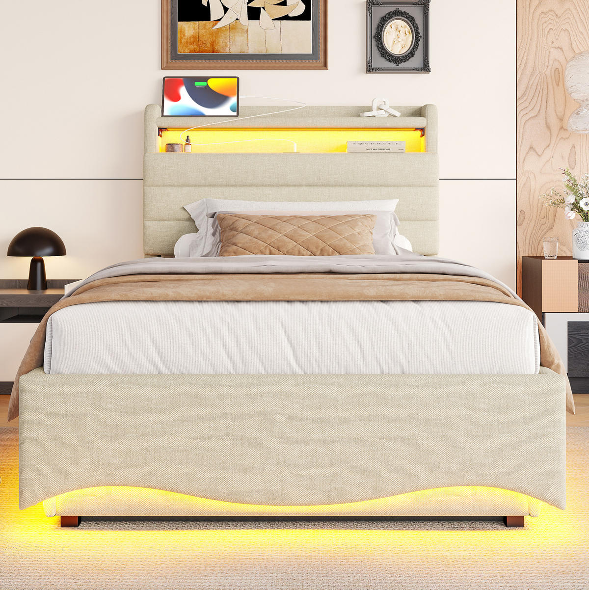POLSTERBETT aus Leinen, Metall und MDF 90x200 cm Beige mit LED, Hydraulik-Stauraum und USB-/Typ-C-Anschlüssen - Beige, Textil (90/200cm) - IVMEU