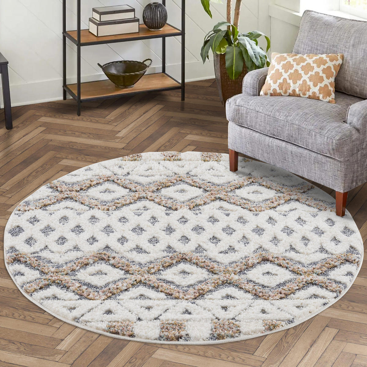 HOCHFLOR-TEPPICH Focus 3050 Grau 120 cm Rund - Multicolor/Creme, Textil (120/120cm) - carpet city