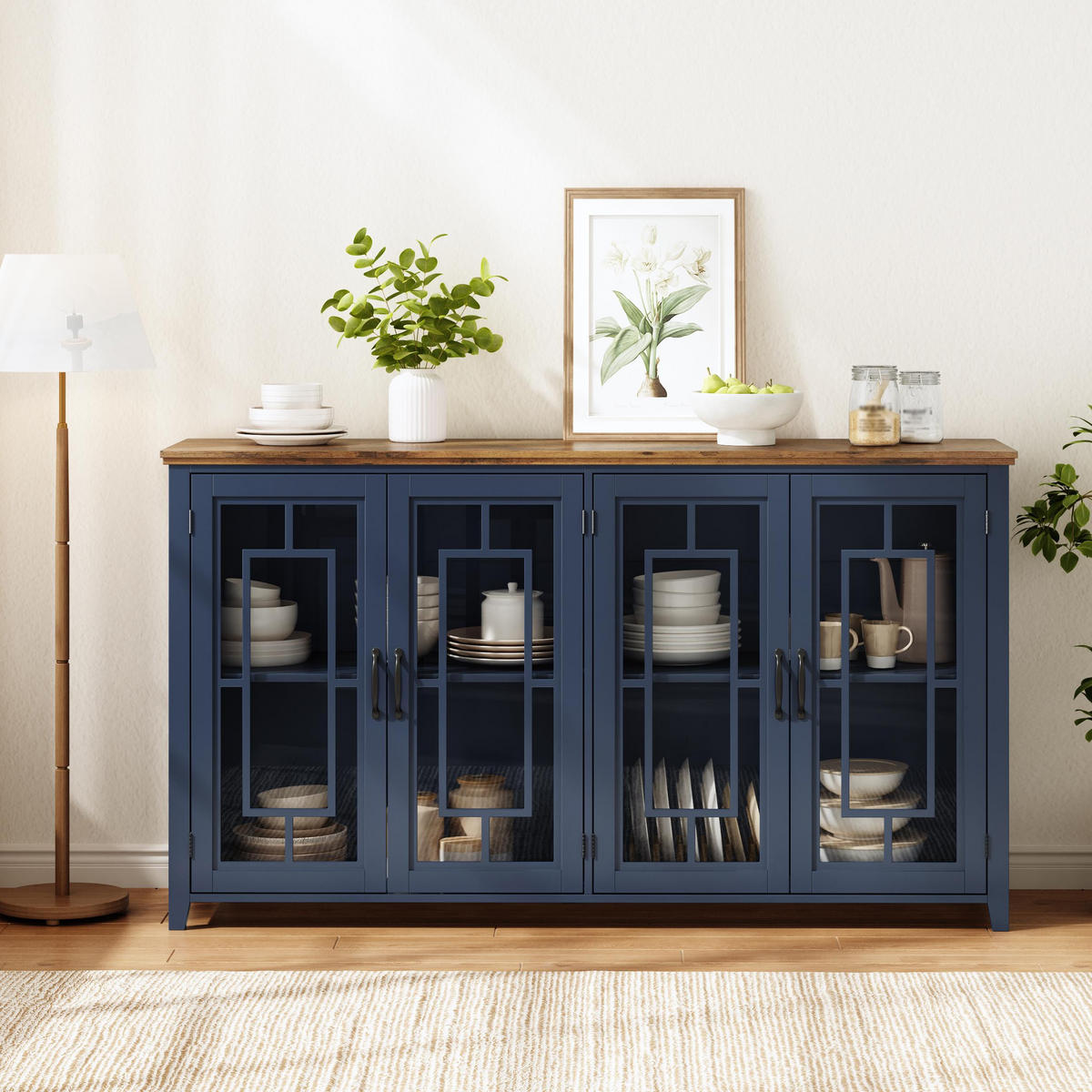 GESCHIRRSCHRANK 160 cm MDF Blau mit Glastüren und Holzoptik-Arbeitsplatte - Dunkelblau, Holzwerkstoff (40/86/160cm) - Korfee
