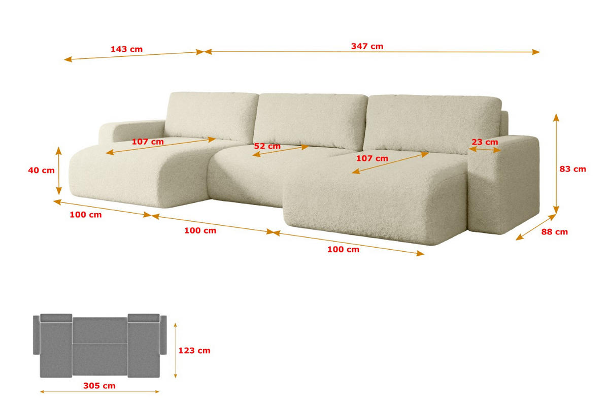 WOHNLANDSCHAFT mit Schlaffunktion und Bettkasten KLEEA-U - 347x143x83 cm Beige Bouclé - Beige/Schwarz, Holzwerkstoff/Kunststoff (347/83/143cm) - ALTDECOR