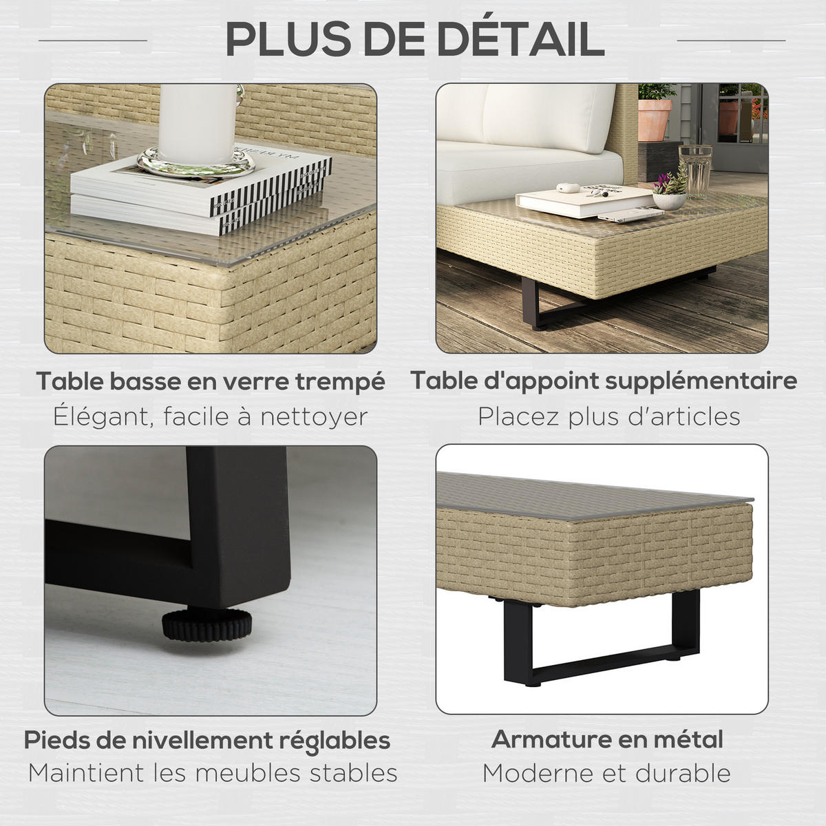 GARTENLOUNGE DE-13588 5‑sitzig mit Glastisch, abnehmbaren Bezügen Beige - Beige, Kunststoff/Metall - ComfortXL