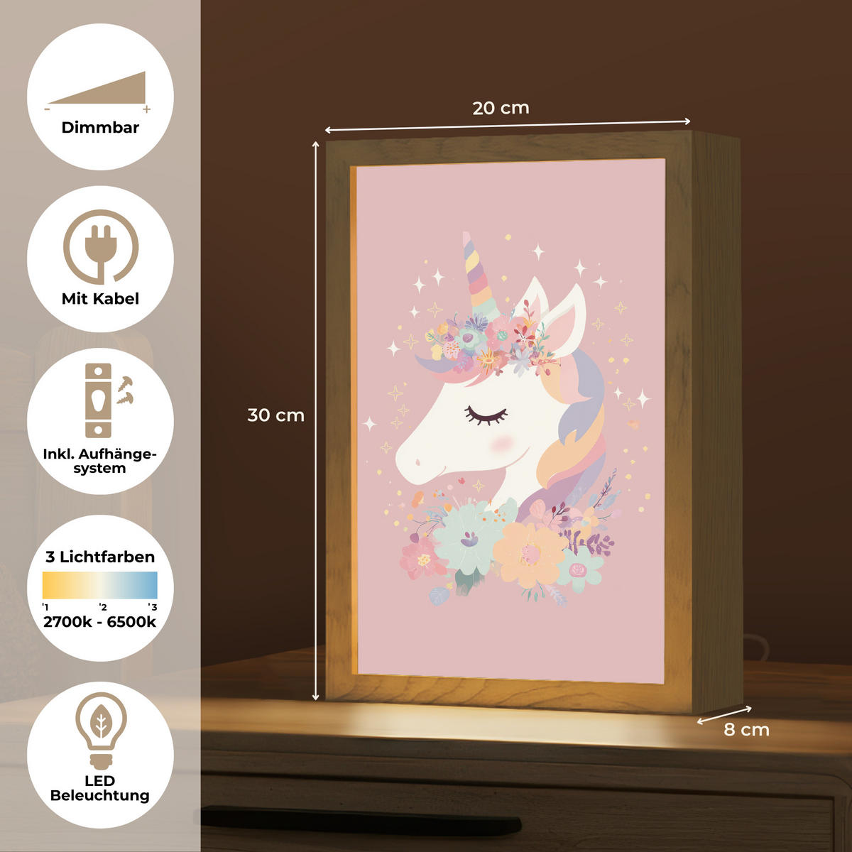 NÁSTĚNNÁ LAMPA Jednorožec - růžová - květiny 20x30 cm - růžová, kompozitní dřevo (20/30/8cm) - OnlyWow