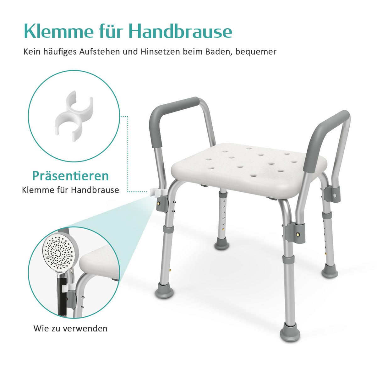 DUSCHHOCKER mit Abnehmbarer Armlehne 47,5/38,5/56,5 cm - Weiß, Metall (47/56/38cm) - EMKE