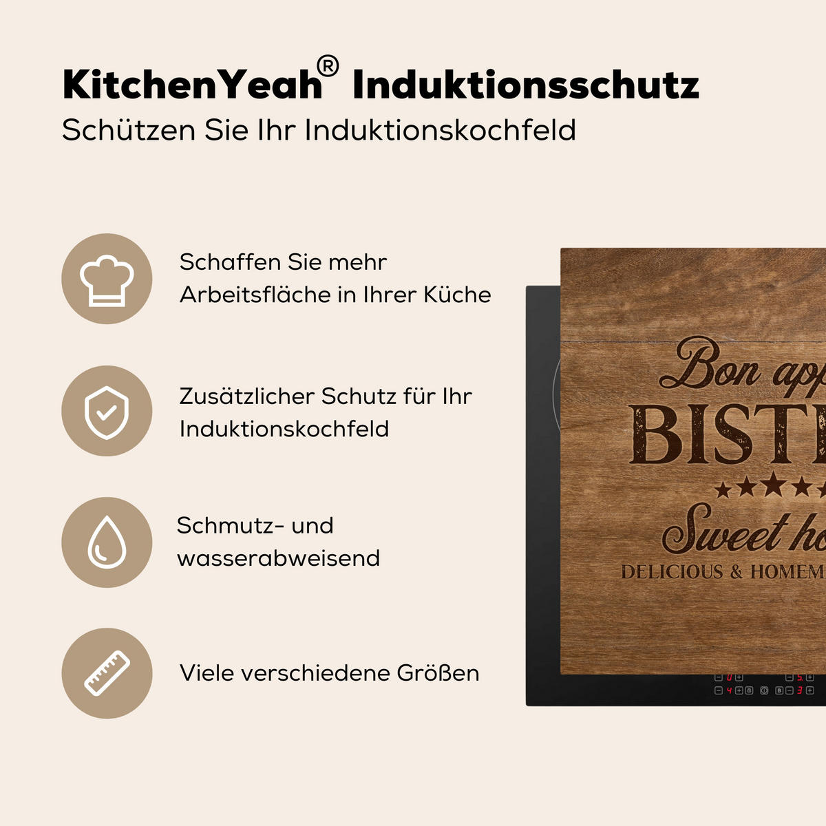 HERDABDECKPLATTE Zitat - Bistro - Guten Appetit - Süßes Zuhause - Holzmaserung Induktionsmatte 78x78 cm - Braun, Kunststoff (78/78/0.2cm) - MuchoWow