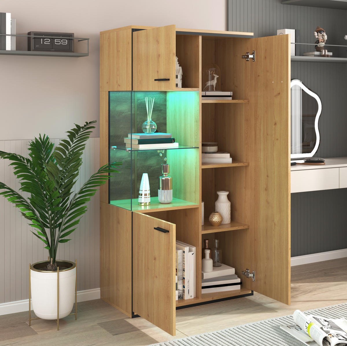 VITRINE 77,5/40/150 cm in Natur mit Glastür und LED-Beleuchtung - Naturfarben, Holzwerkstoff (77.5/150/40cm) - Flora Grace
