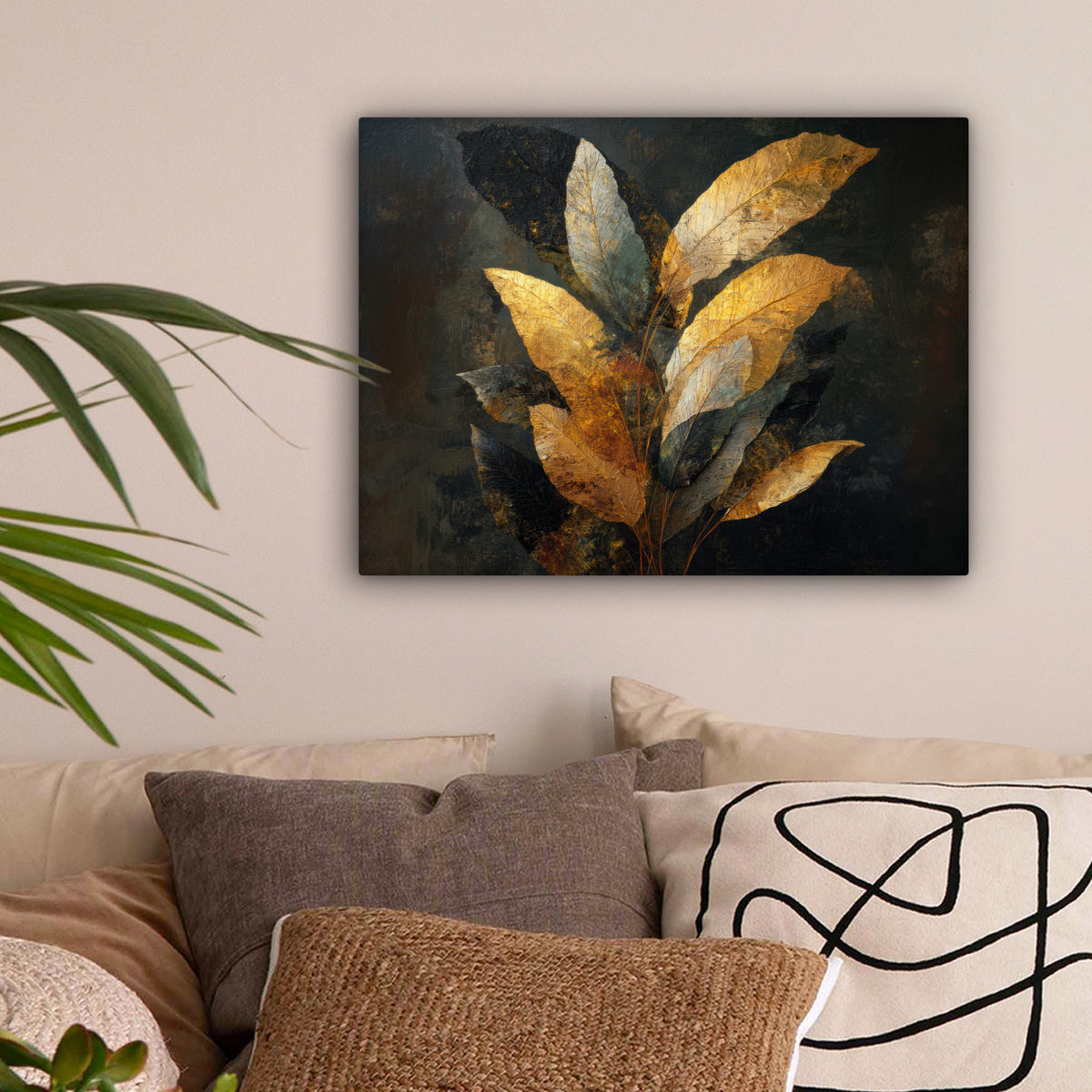LEINWANDBILD Golden Leaf Komposition - Botanical Luxury Wandbild 40x30 cm - Goldfarben/Schwarz, Textil (40/30cm) - MuchoWow