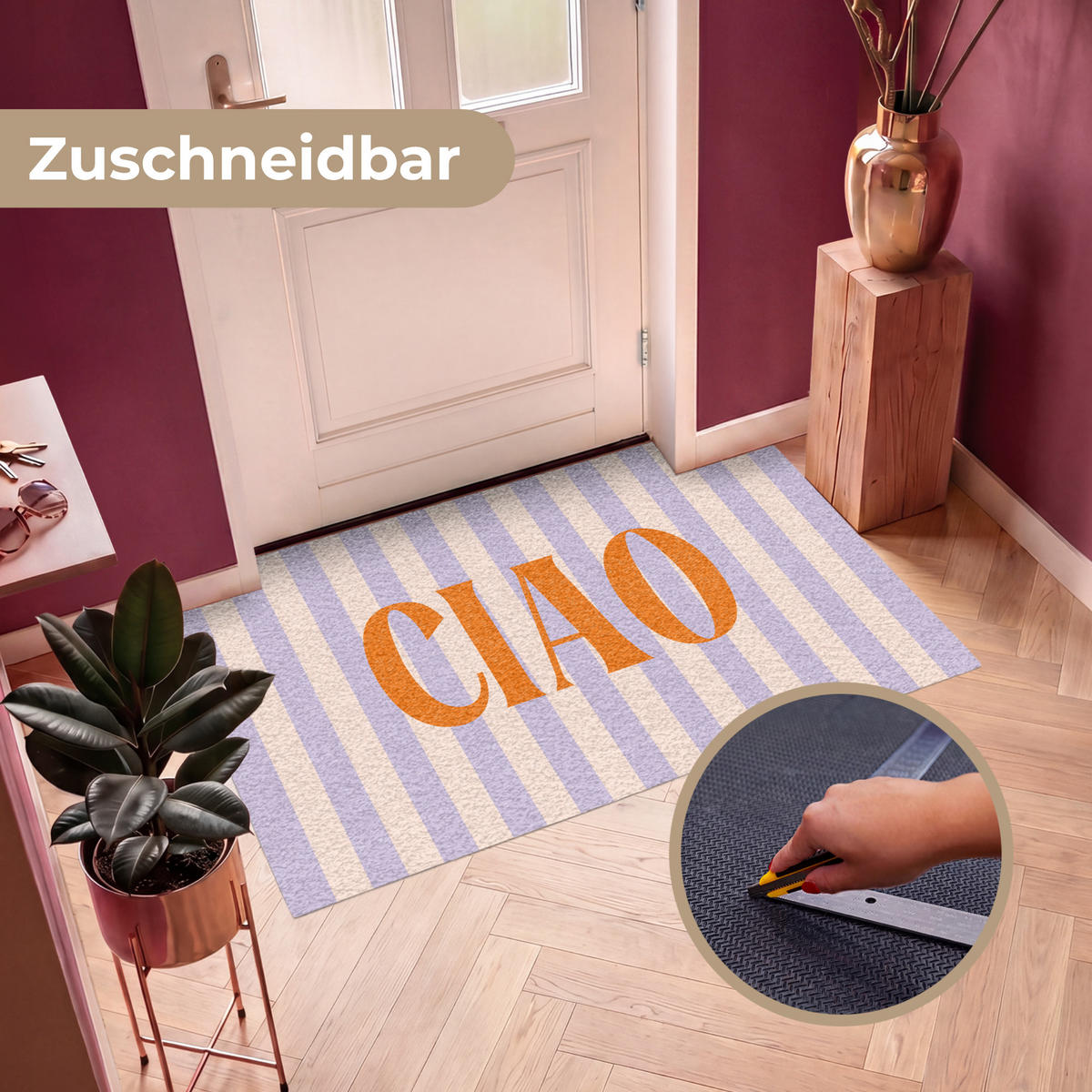 FUSSMATTE Ciao - Zitat - Pastell - Streifen Schmutzfangmatte 150x90 cm - Flieder, Kunststoff (150/90cm) - MuchoWow