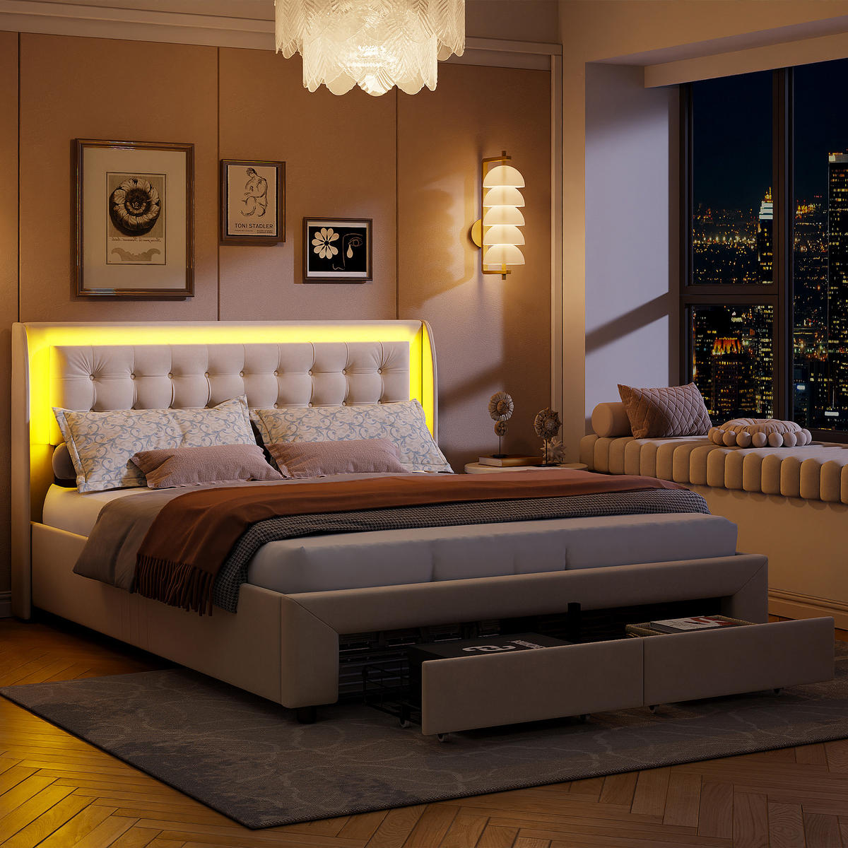 STAURAUMBETT 160x200 cm, Ambiente-LED-Beleuchtung, Stauraum unterm Bett und 2 Schubladen am Bettfuß, Samtstoff, Beige - Beige, Holz/Textil (160/200cm) - BRILVERDE