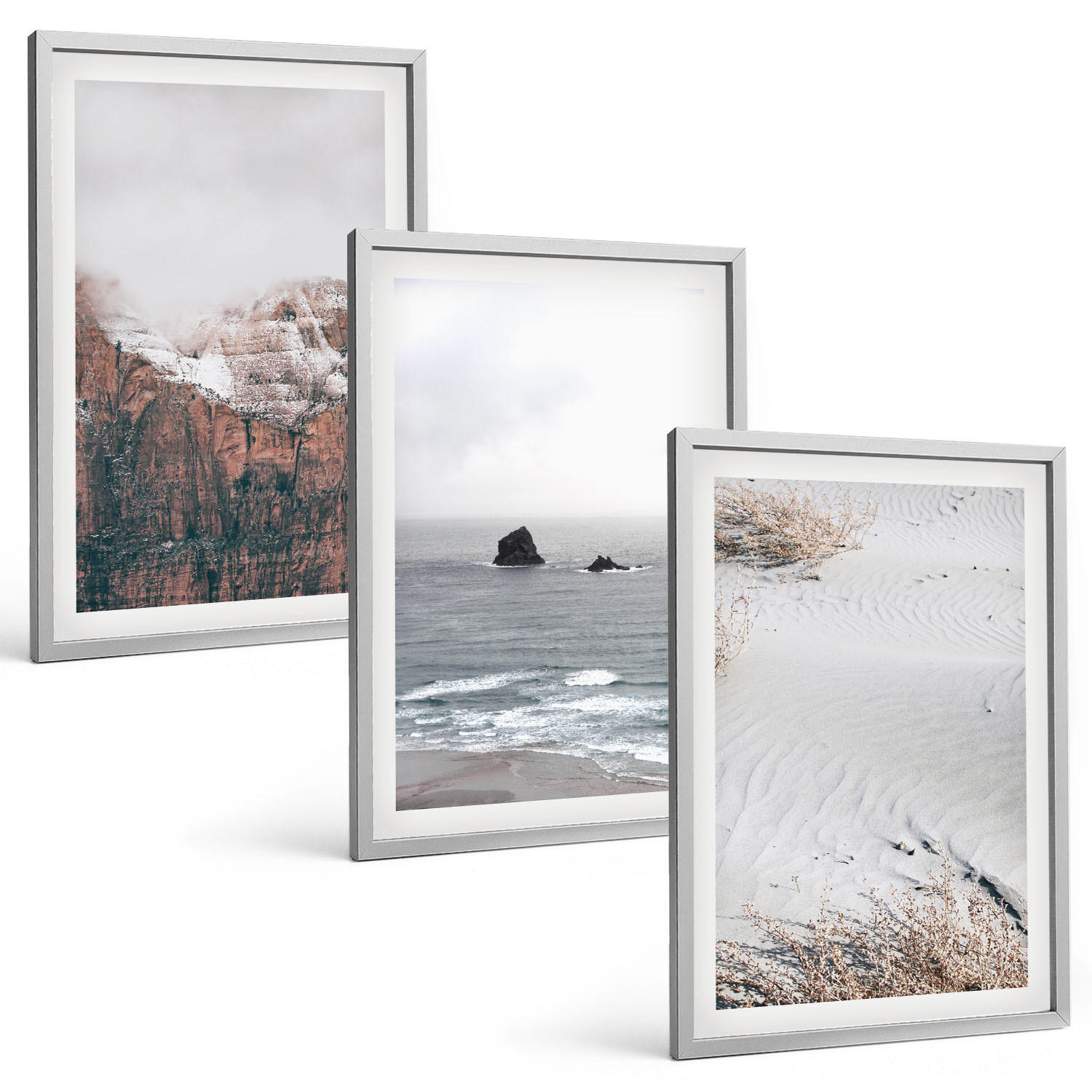 BILDER SET 3er Set - 40x60 cm Silberner Rahmen - Berge, Wolken, Meer, Sand, Natur - Silberfarben, Kunststoff (40/60cm) - TULUP