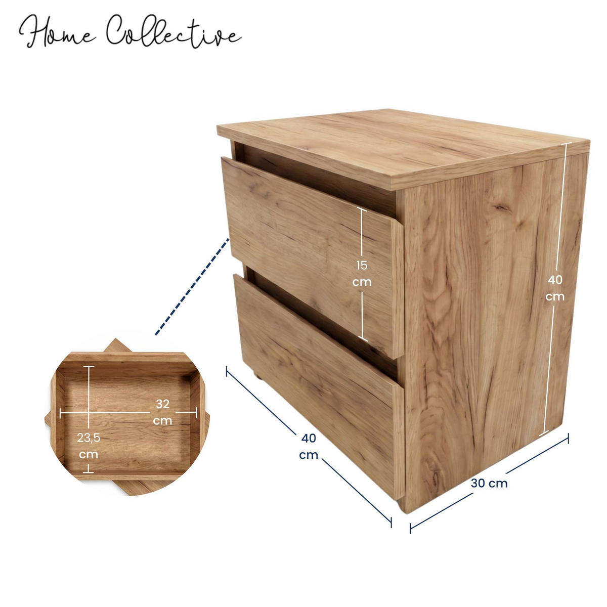 NACHTTISCH mit zwei Schubladen in Craft-Eiche - Naturfarben, Holzwerkstoff (40/40/30cm) - Home Collective