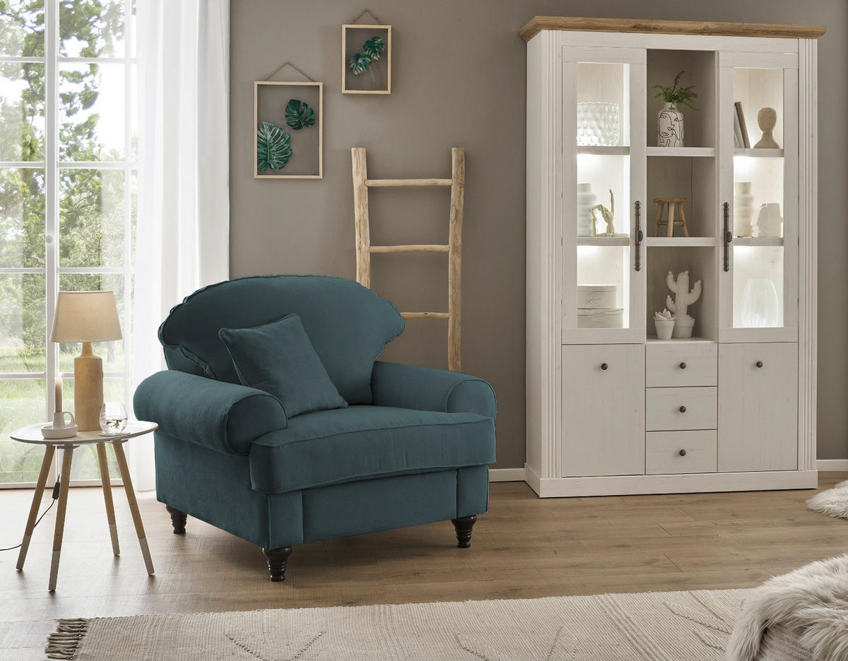 SESSEL blaugrün Landhaus, Loungesessel 110 cm - Dunkelgrün/Braun, Holz/Textil (110/95/100cm) - Furn.Design