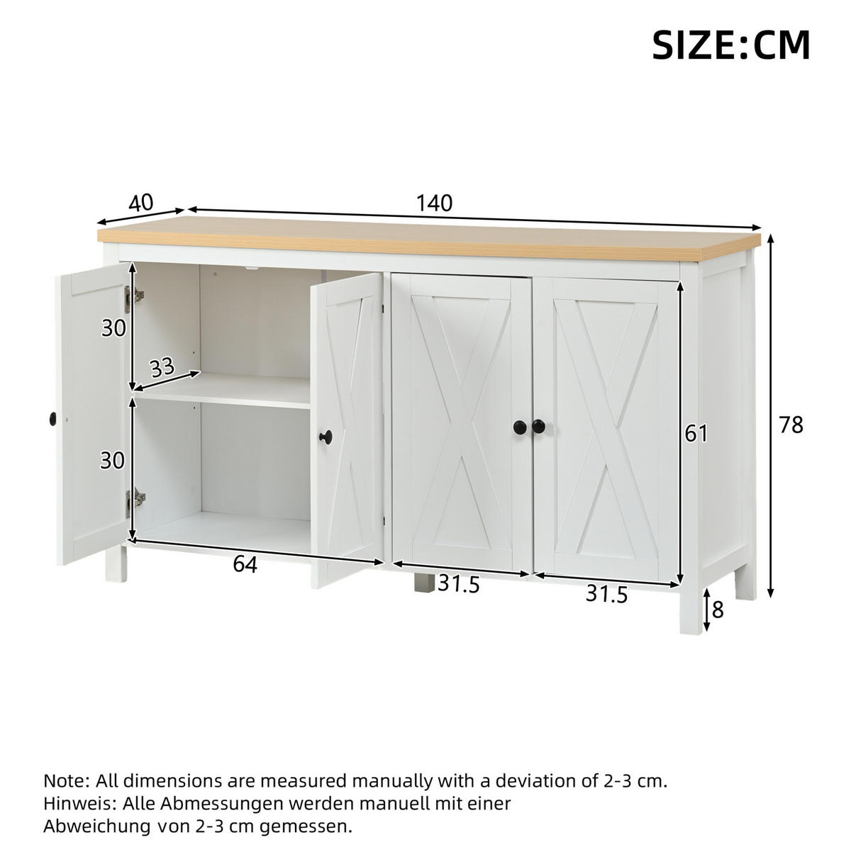 SIDEBOARD 140/40/78 cm weiß aus MDF mit 4 Türen - Weiß, Holzwerkstoff (140/78/40cm) - OKWISH