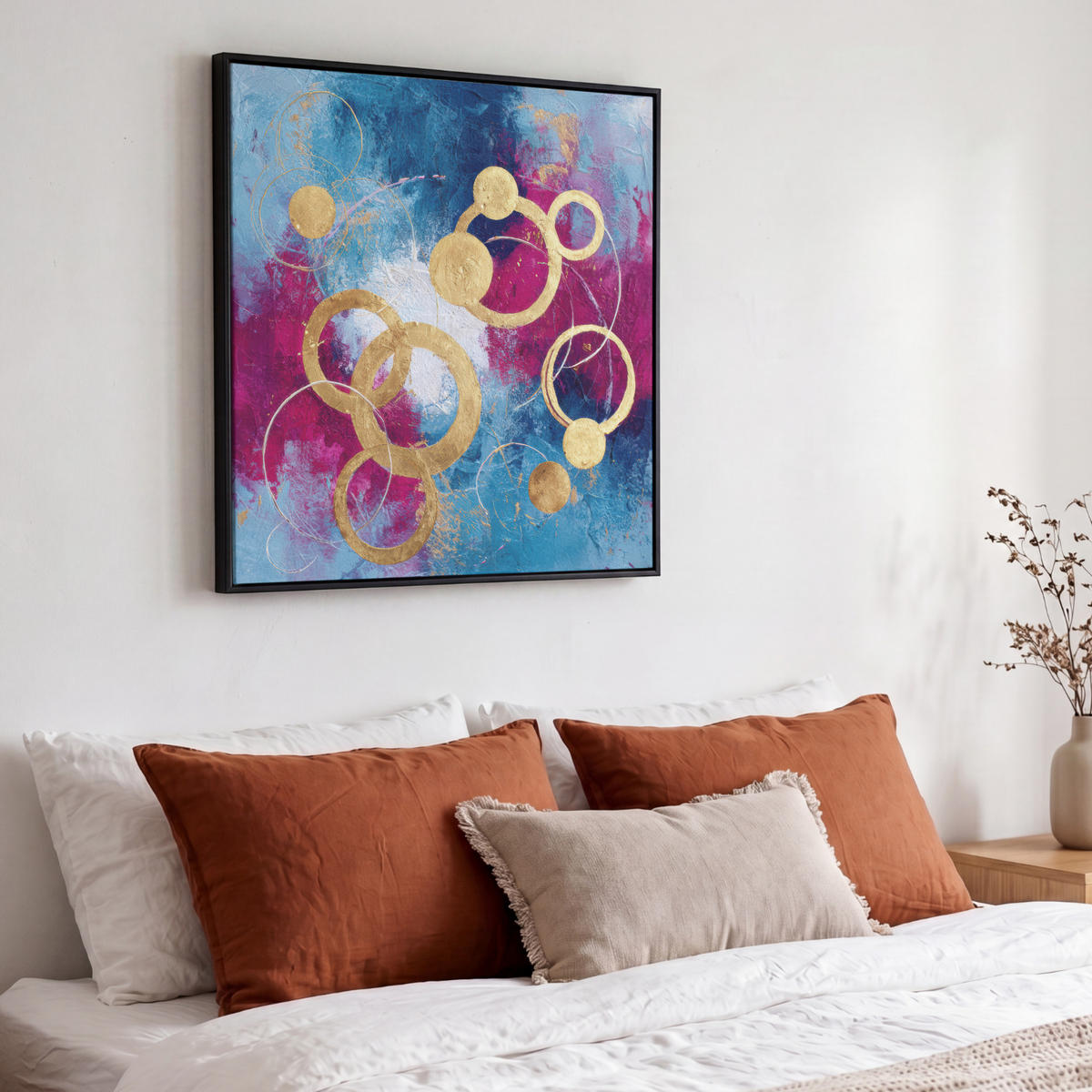 LEINWAND Bilder mit Rahmen - Kreise - Gold - Abstrakt - 50x50 - Blau, Textil (50/50cm) - MuchoWow