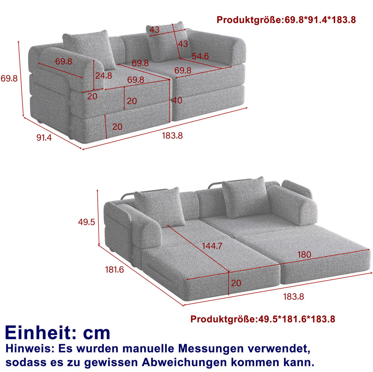 SCHLAFSOFA 2-in-1 mit Armlehnen-Ablagefach in Khaki Chenille 200/90/80 cm - Naturfarben, Textil (181.6/49.5/94cm) - OKWISH