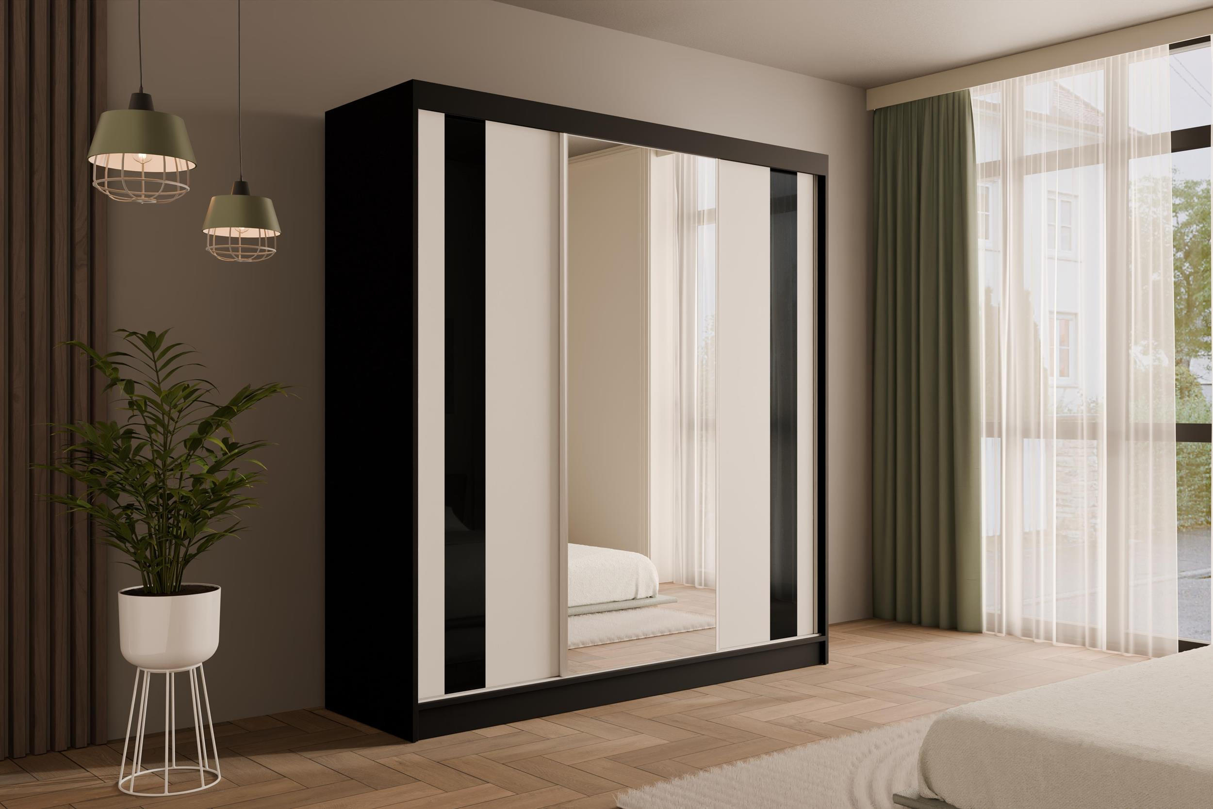 KLEIDERSCHRANK mit Spiegel V2-VITA 215x200 cm - Schwarz - Schwarz, Holzwerkstoff (200/215/61cm) - ALTDECOR