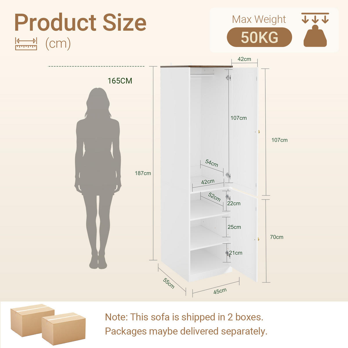 KLEIDERSCHRANK mit Kleiderstange und 2 Türen Weiß 45x55x187cm - Ahornfarben, Fell (45/187/55cm) - SoBuy