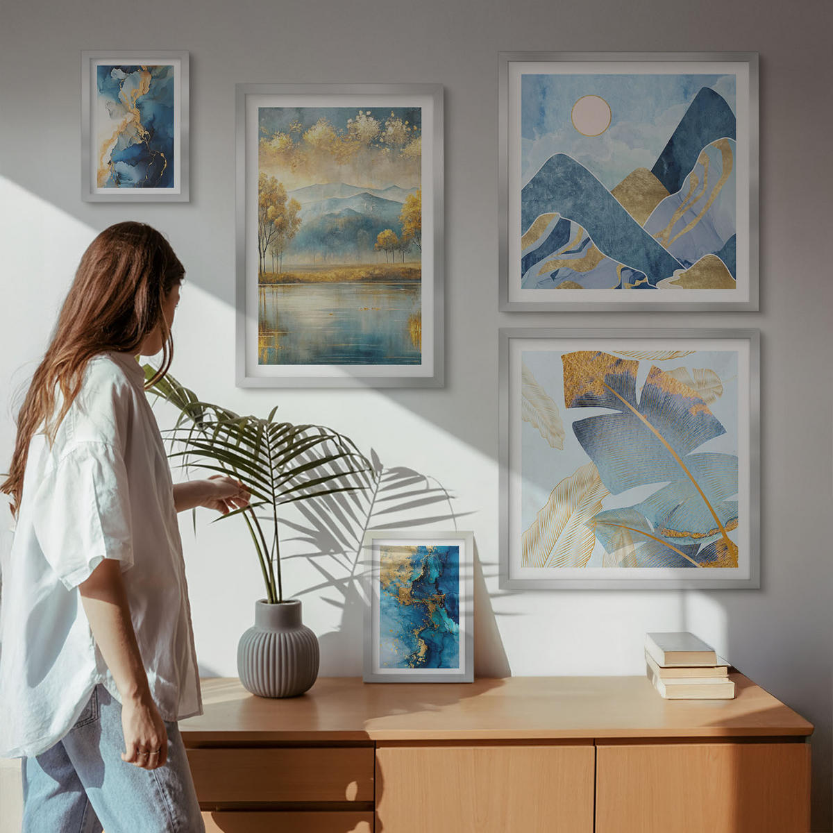 BILDER SET 5er Set - 50x50 cm & 20x30 cm & 40x60 cm Silberner Rahmen - Goldmuster in den blauen Bergen - Silberfarben, Kunststoff (40/60cm) - TULUP