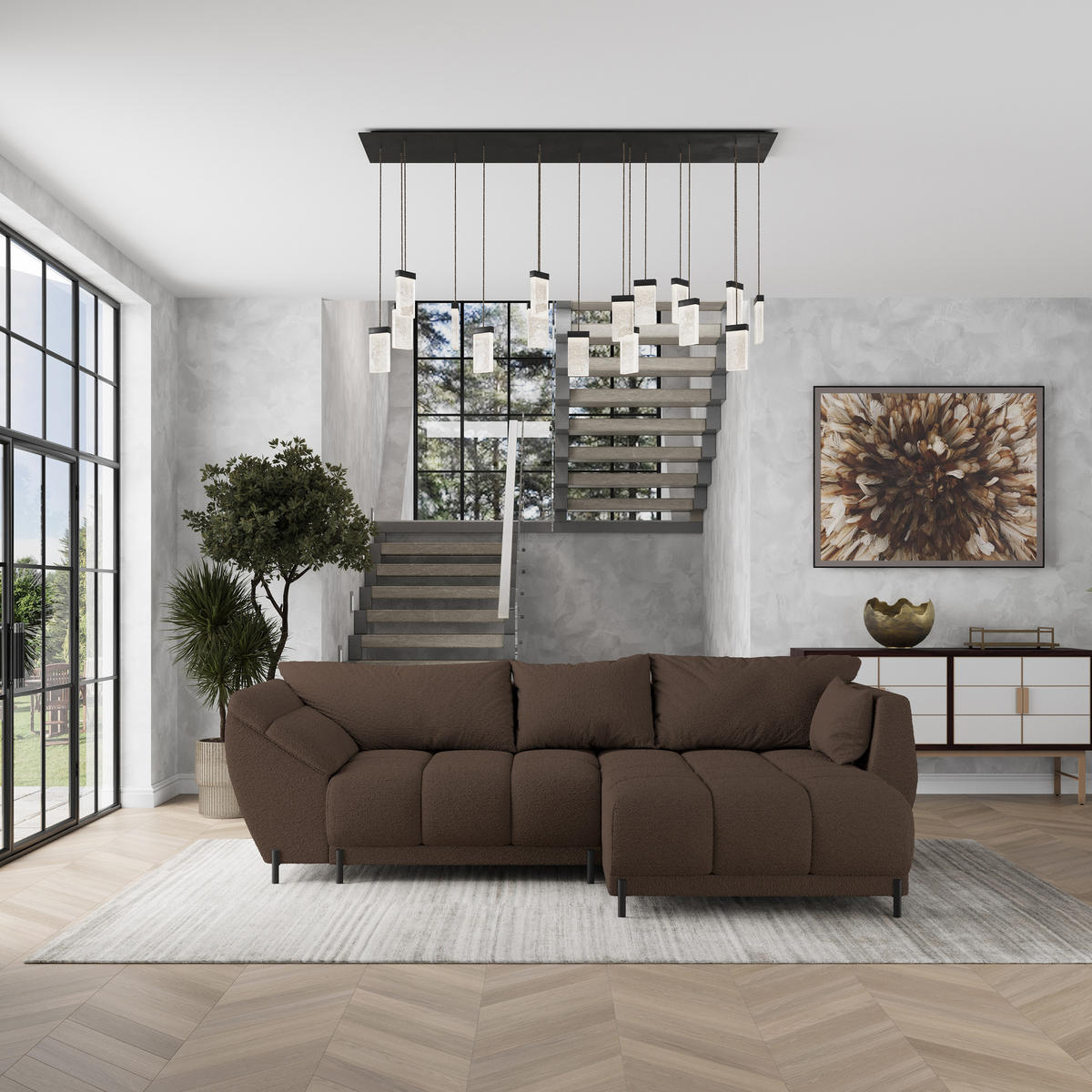 ECKSOFA VESTANO R-S Braun Boucle-Stoff mit Schlaffunktion - Braun, Holz (287/182cm) - MASSENO